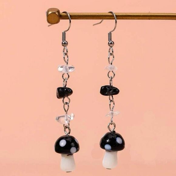 Glass Mushroom Dangle Drop Earrings - Picture 1 of 11